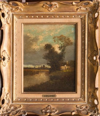 Jules DUPRE (1811-1889) Paysage. Paire d'huiles sur panneaux. Signées en bas à gauche....