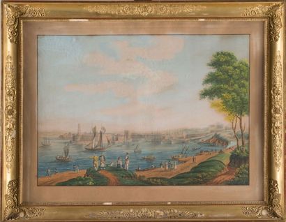 Antoine I ROUX (1765-1835), attribué à L'entrée du port de Marseille. Gouache. 52...