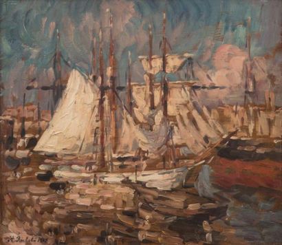 Horace RICHEBE (1871-1964) Le port de Marseille. Huile sur panneau. Signée en bas...
