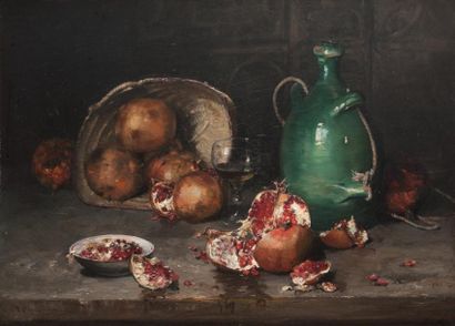JEAN-BAPTISTE OLIVE (1848-1936) Nature morte aux grenades éclatées. Huile sur toile....