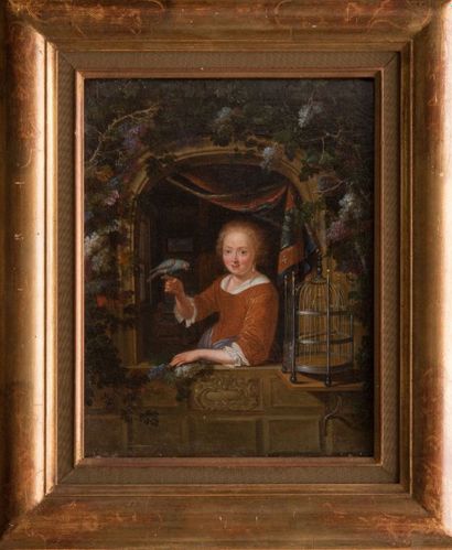 Pieter van SLINGELANDT (1640-1691), attribué à Jeune fille à la fenêtre, tenant un...
