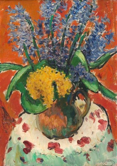 RENE SEYSSAUD (1867-1952) Nature morte aux bouquets de fleurs. Huile sur toile. Cachet...