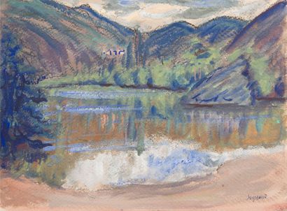RENE SEYSSAUD (1867-1952) Paysage au lac de montagne. Technique mixte sur papier....