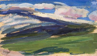 RENE SEYSSAUD (1867-1952) Paysage de plaine. Huile sur papier. Signée en bas à gauche....