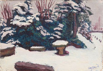 RENE SEYSSAUD (1867-1952) Le jardin enneigée. Huile sur papier. Signée en bas à droite....