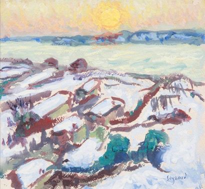 RENE SEYSSAUD (1867-1952) Neige et soleil sur l?étang. Huile sur papier. Signée en...