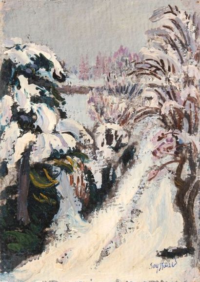 RENE SEYSSAUD (1867-1952) Sentier entre les arbres enneigés. Huile sur papier. Signée...