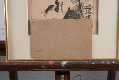 RENE SEYSSAUD (1867-1952) Coucher de soleil sur les arbres. Huile sur papier contrecollée...