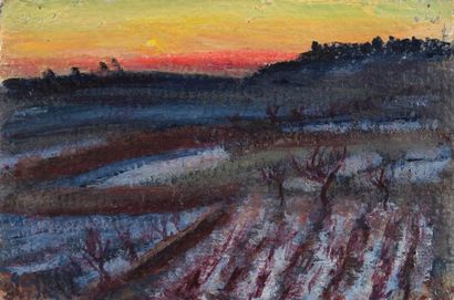 RENE SEYSSAUD (1867-1952) Crépuscule sur le champ. Détrempe sur papier. Signée en...