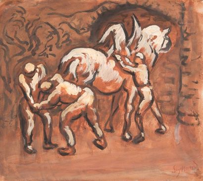 RENE SEYSSAUD (1867-1952) La préparation du cheval dans l?écurie. Sanguine et gouache....