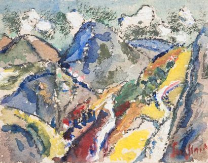 RENE SEYSSAUD (1867-1952) Montagnes colorées. Huile sur papier. Signée en bas à droite....