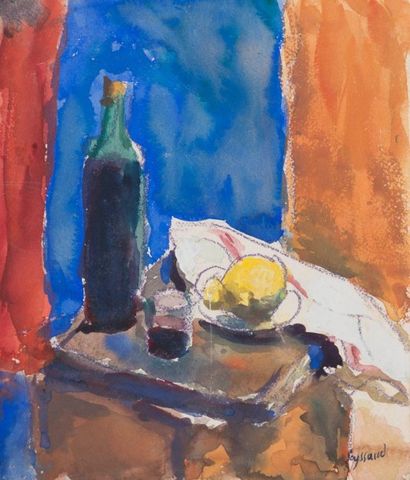 RENE SEYSSAUD (1867-1952) Nature morte au vin rouge et au citron. Technique mixte....