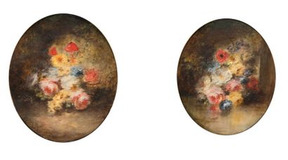 Georges CHONE (1819-?) Bouquets. Paire d?huiles sur toiles ovales. Signées. 64 x...