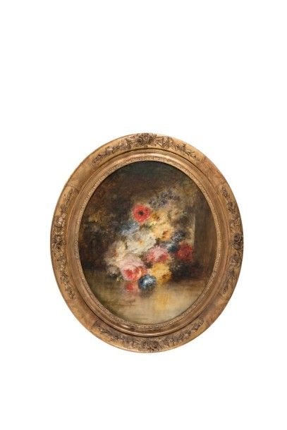 Georges CHONE (1819-?) Bouquets. Paire d?huiles sur toiles ovales. Signées. 64 x...