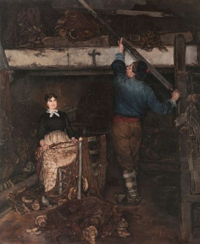 Alphonse MOUTTE (1840-1913) Intérieur de pêcheur, 1885. Huile sur toile. Signée en...