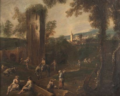 Ecole VÉNITIENNE du XVIIIème siècle Bergers dans un paysage. Toile. 75 x 95 cm