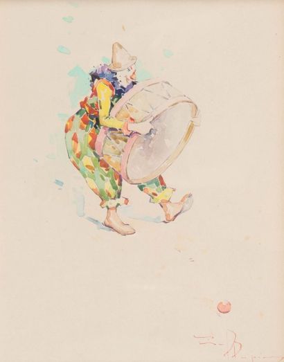 David DELLEPIANE (1866-1932) Le clown au tambour. Circa 1900. Aquarelle. Signée en...
