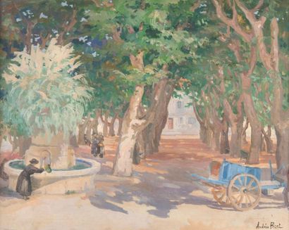 Andrée BIZET (1888-1970) Place du village de Caumont. Huile sur toile. Signée en...