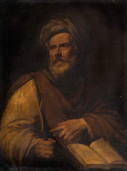 ECOLE ITALIENNE DU XVIIème SIECLE Portrait d?homme au livre. Toile. 103 x 77 cm....