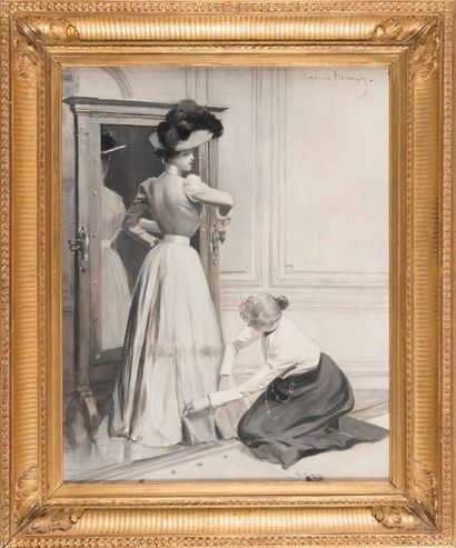 François FLAMENG (1856-1923) Chez la modiste. Huile sur toile. Signée en haut à droite....