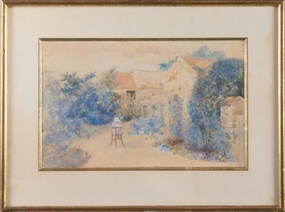 Ludovic PIETTE (1826-1877) Enfant dans un jardin. Gouache et aquarelle. Signée en...