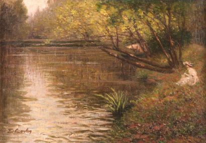 Emile COULON (1882-1974) Galante au bord du lac. Huile sur toile. Signée en bas à...