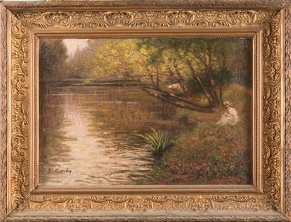 Emile COULON (1882-1974) Galante au bord du lac. Huile sur toile. Signée en bas à...
