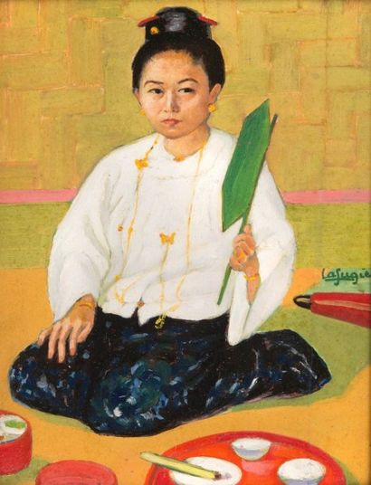 Léa LAFUGIE (1890-1972) Jeune birmane. Huile sur panneau. Signée au centre à droite....