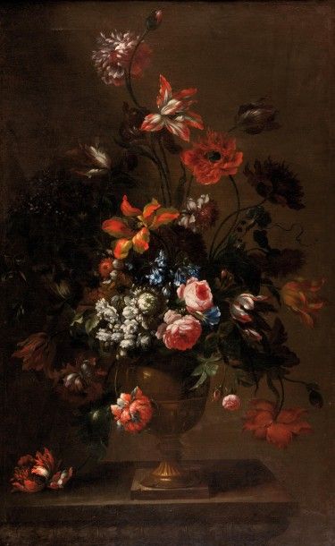 Attribué à Andrea SCACCIATI (1642-1710) Bouquet de fleurs sur un entablement

Toile

128...