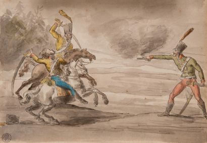 Jacques-François Joseph SWEBACH-DESFONTAINES Deux dessins :

- Etude d’un hussard...