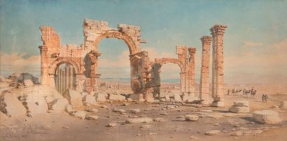 Carl HAAG (1820-1915) The Triumphal Arch at Palmyra, 1873. Aquarelle. Signée, titrée...