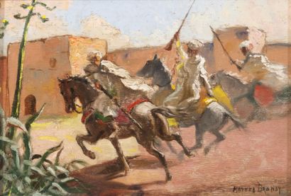 Mattéo BRONDY (1866-1944) Fantasia devant les remparts de Marrakech. Huile sur panneau....