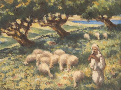 ECOLE ORIENTALISTE, FIN DU XIXème siècle Berger gardant ses moutons près du rivage...