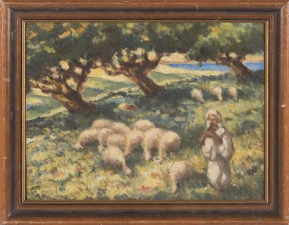 ECOLE ORIENTALISTE, FIN DU XIXème siècle Berger gardant ses moutons près du rivage...