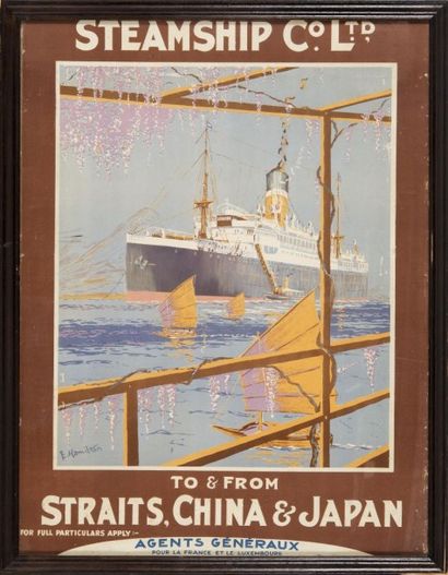 null Compagnie Steamship Straits, China, Japan. Affiche. 64 x 49 cm