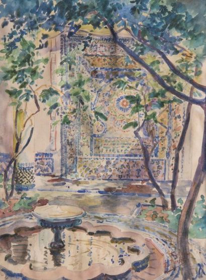 Edouard HERZIG (1860-1926) Place en Afrique du Nord. Aquarelle sur papier. Signée...