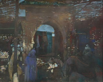 Jacques MAJORELLE (1886-1962) Le souk de Marrakech. 1957. Gouache. Signée, datée...