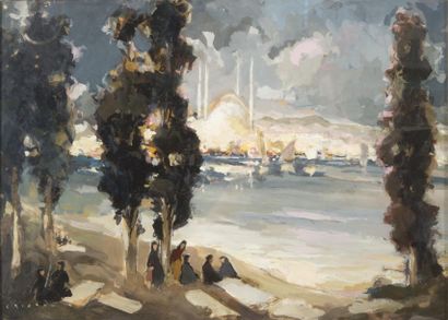 Horace CRISTOL (1878-1959) Vue de Sainte Sophie, Istanbul. Composition mixte: huile,...