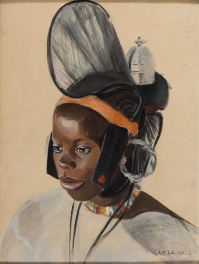 A.F. LEGALL Portrait d?une africaine. Aquarelle sur papier. 68 x 49 cm