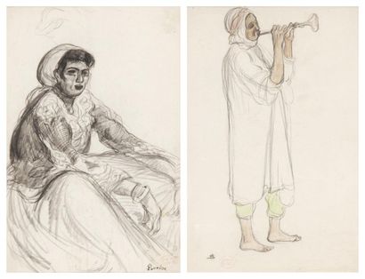 André SUREDA (1872-1930) Jeune femme assise. Le trompettiste arabe. Fusain et aquarelle....