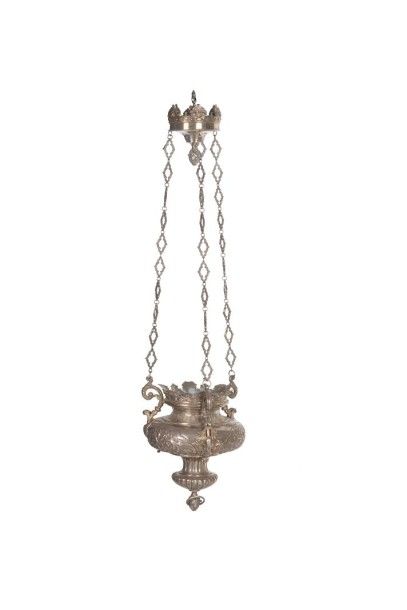  Lampe commémorative de synagogue en argent et chaines en bronze argenté en deux...