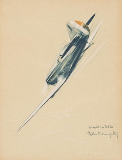 Paul LANGELLE Avion devoitine D520. Gouache. 30 x 23 cm