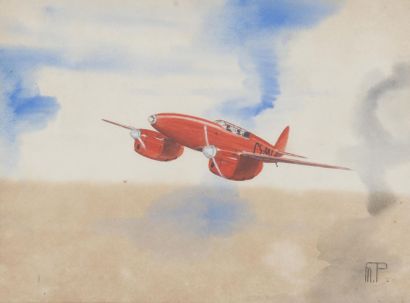 ANONYME Avion militaire bi moteur. Gouache. Monogramméd M.P. en bas à droite. 24...