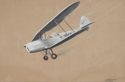 D. Beaudenon Avion biplan. Gouache. 28 x 43 cm