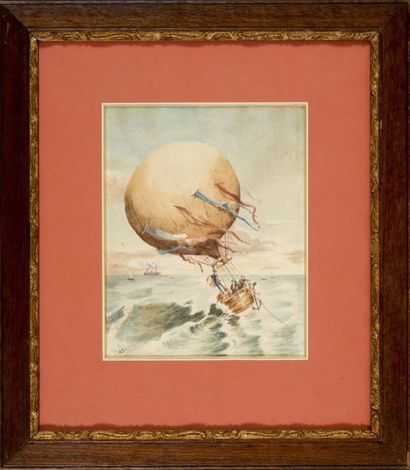 null Mazoneur La Montgolfière Gabriel amerrissant. Fin XIXème siècle. 29 x 23 cm