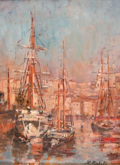 Horace RICHEBE (1871-1964) Voiliers dans le Port de Marseille. Huile sur panneau....