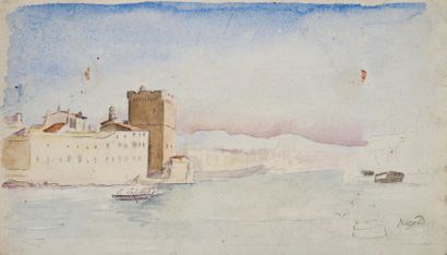 null Ensemble de neuf dessins de Ricaud, milieu du XIXème s. - Vue du port de Marseille,...