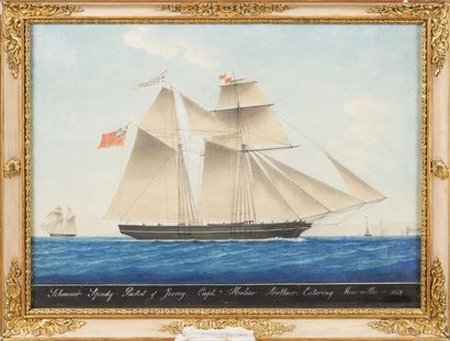 Joseph Honoré PELLEGRIN (1793-1869) Portait d?un navire. Aquarelle. Manques. 43 x...