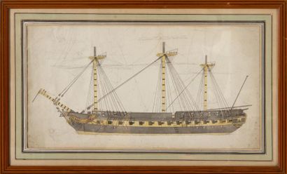 Ecole du XIXème siècle Etude d?un bateau. Aquarelle et crayon noir. 28 x 48 cm