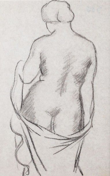 Aristide MAILLOL (1861-1944) 
Nu drapé de dos
pierre noire sur papier gris
28 x 18...